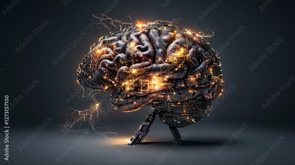 Poster artistic brain connections digital world abstract art futuristic environment side view mind and tech