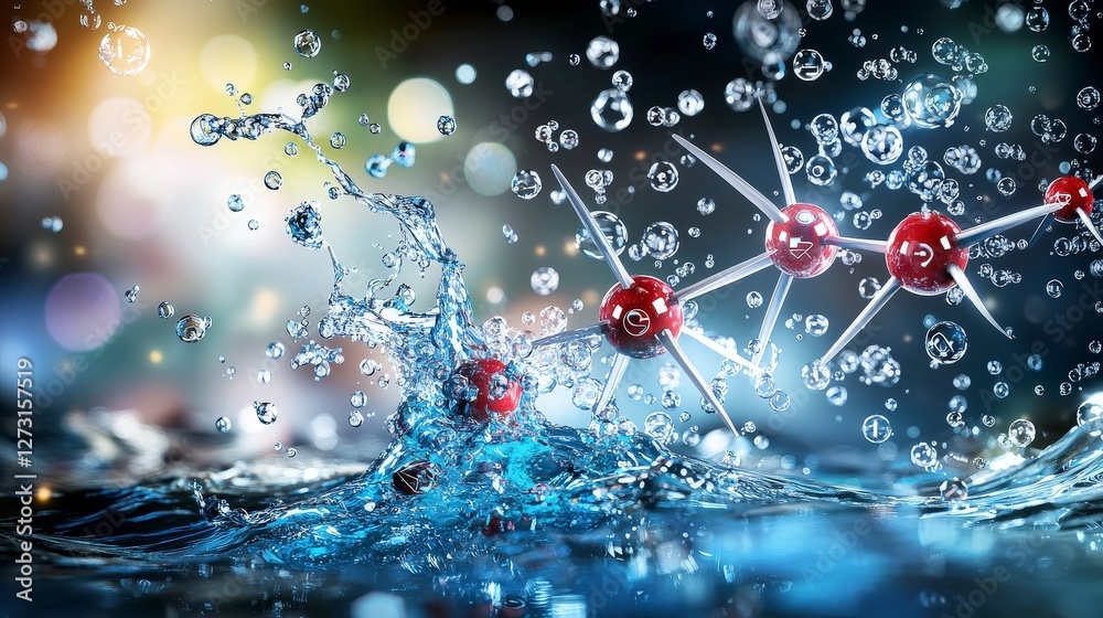 Poster macro view of vibrant carbon molecule dissolution splash art in a digital underwater laboratory illu