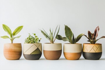 Fototapeta premium Five Decorative Pots with Various Indoor Plants on Neutral Background