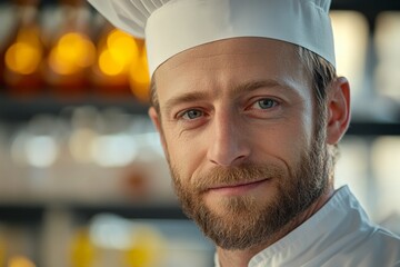 Chef smiling in a modern kitchen with warm ambiance during a busy cooking session
