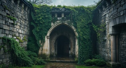 Fototapeta premium Medieval stone dungeon entrance covered in ivy a damp atmosphere rainy morning spring