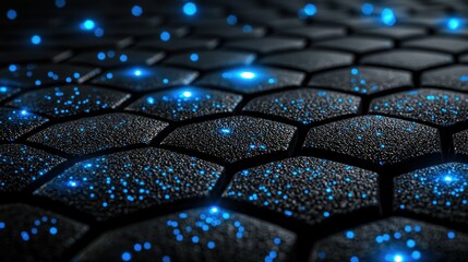 Fototapeta premium Abstract hexagonal grid structure with glowing blue particles, technology background