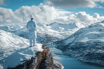 Chef contemplates the breathtaking snowy landscape in the mountains of Norway during a clear winter day