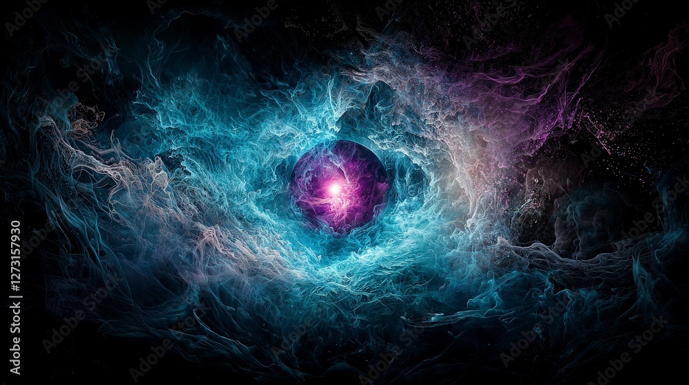 Poster Cosmic exploration of an enigmatic void with a glowing sphere of light in the universe digital art surreal environment