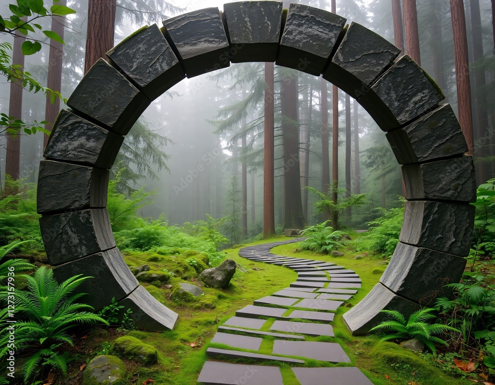 Poster mystical forest archway. serene nature scene with foggy woods. tranquil landscape. ancient stone gat