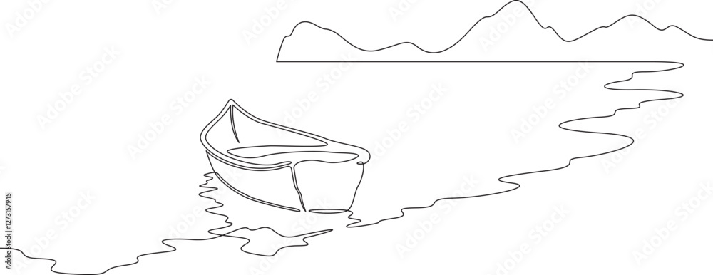 Fototapete Continuous one line drawing boat near the shore. River landscape. Seashore. One continuous line isolated minimal illustration.Not AI.