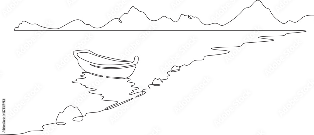 Fototapete Continuous one line drawing boat near the shore. River landscape. Seashore. One continuous line isolated minimal illustration.Not AI.