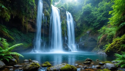 Obraz premium Serene Waterfall Cascading Through Lush Green Forest