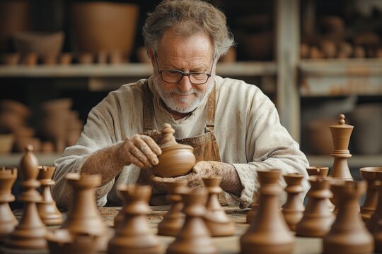 Crafting beautiful wooden chess pieces in a workshop filled with handmade creations