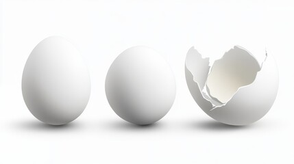 Realistic vector white eggs with whole and broken shell isolated