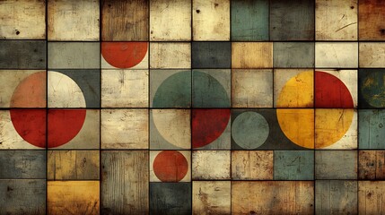 Fototapeta premium Warm toned abstract geometric art features subtly textured wood panels and vibrant circles. AI Generated