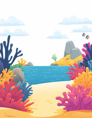 Cartoon ocean view with colorful corals, sandy bottom, and a small island with palm trees. The scene depicts a playful, whimsical underwater world with a white background and simple shapes.