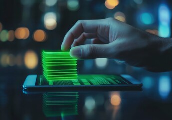 Digital Hand Stacking Neon Green Layers on Smartphone Screen