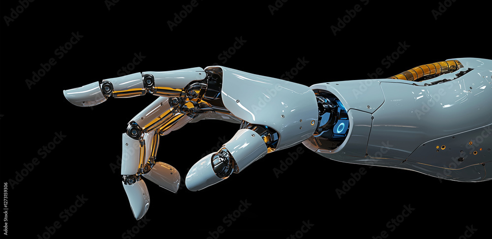 Poster robot hand pointing his finger. isolated cyborg arm on black background. generative ai