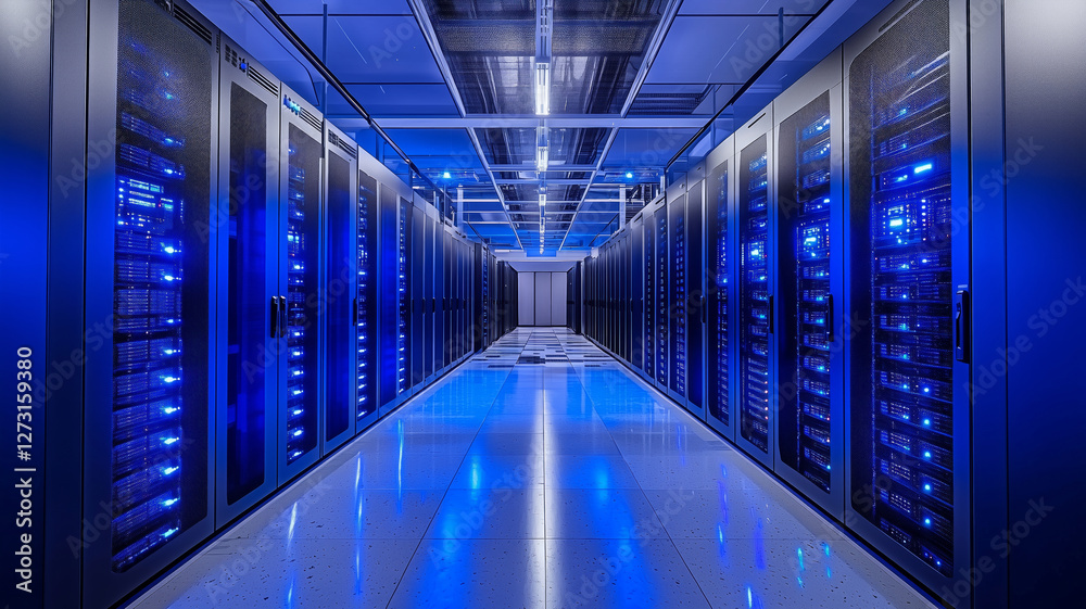 Fototapete Dark colorful servers center room with computers and storage systems. Generative ai