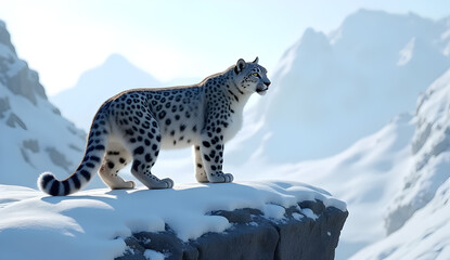 Snow Leopard in the Silent Mountains: A rare snow leopard standing alone on a snowy ridge, its piercing gaze scanning the quiet frozen landscape.