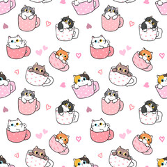 Seamless Pattern with Cute Cartoon Cat in Cup and Heart Design on White Background. Hand Drawn Vector Illustration.