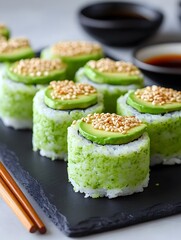 Meticulously Arranged Matcha Sushi Rolls with Avocado and Sesame Accents on a Sleek Slate Plate