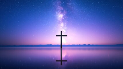 Naklejka premium Serene Water Reflection of Silhouette Cross Under Starry Night Sky Spiritual Stillness and Hopeful Faith