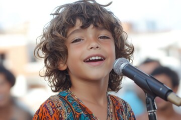 Young boy performing joyfully with a microphone during a vibrant street festival in an urban setting