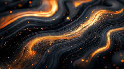 Abstract liquid marble design with golden streaks on dark background