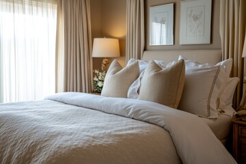 Cozy bedroom with soft bedding and warm natural light
