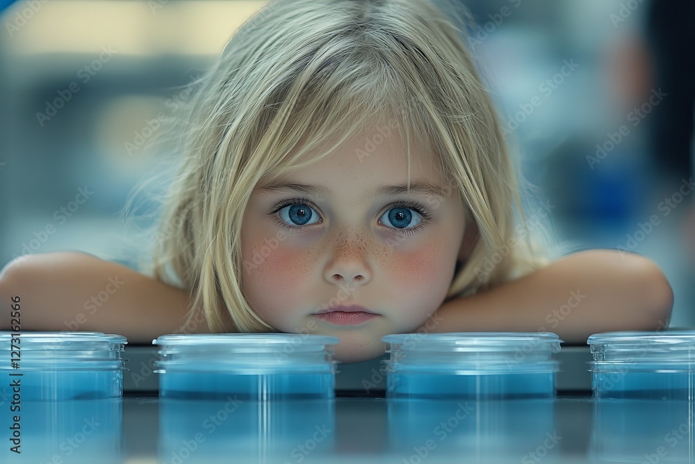 Aufkleber young child gazes thoughtfully at jars of blue liquid in a modern lab setting