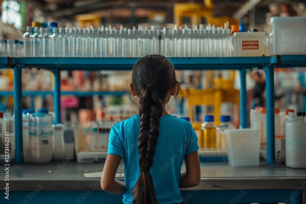 Poster Child observing scientific experiments in a busy laboratory environment during daylight