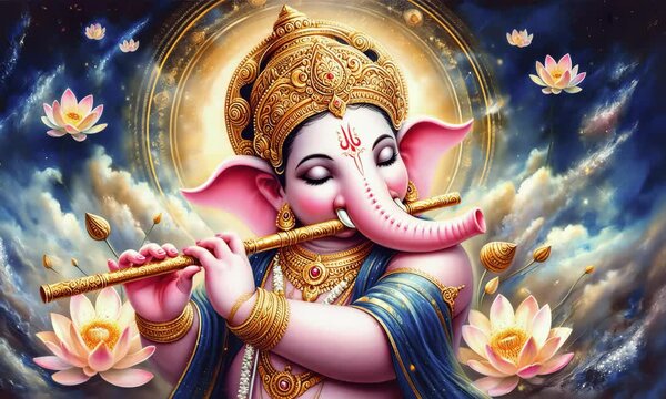 Celebration of divine music lord ganesha playing flute spiritual environment colorful art