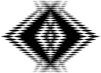 Seamless black and white pattern of small pixelated rhombuses, creating the effect of a textile ornament similar to a carpet pattern. Geometric and minimalist design, perfect for backgrounds, fabric p