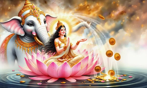 Celebrating prosperity and wisdom goddess lakshmi with elephant serene water garden digital art