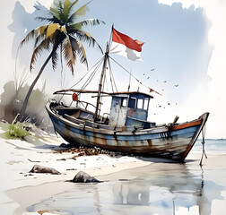  Watercolor Painting: Indonesian Coastal Serenity