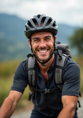 Fototapeta premium Smiling cyclist enjoying a sunny day on mountain trail