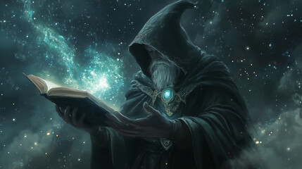Elf sorcerer reading from an ancient book amidst a cosmic backdrop for magical fantasy themes