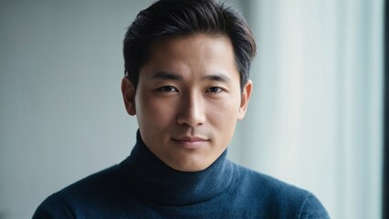 Portrait of East Asian male tech founder in turtleneck in a vibrant modern co-working space.