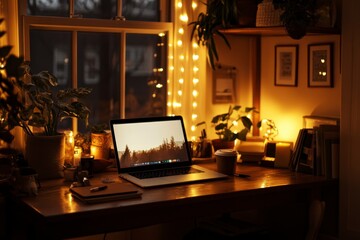 Cozy Home Office Setup with Warm Lighting and Indoor Plants