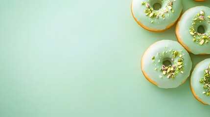Minimalist Flat Lay of Matcha Flavored Donuts with White Chocolate Glaze and Crushed Pistachios