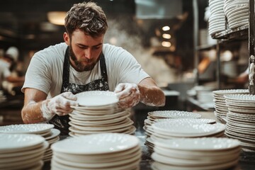 Chef carefully arranges freshly cleaned plates in a busy restaurant kitchen during evening service