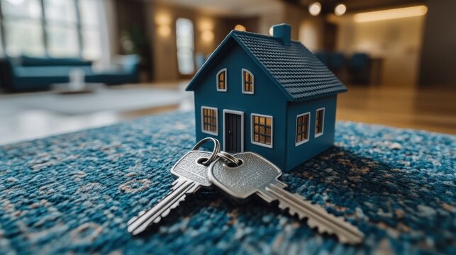 Miniature blue house model with keys on a rug in a cozy interior setting