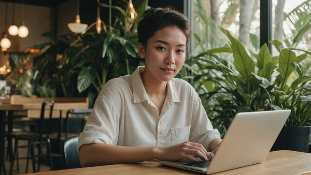 Korean non binary freelancer in a café, typing on a notebook with a slight smile amid tropical accents