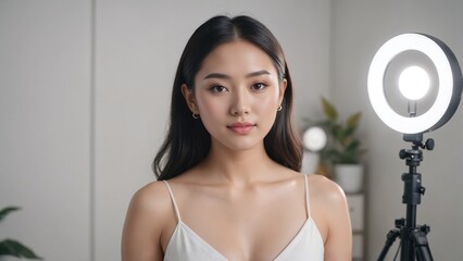 Korean woman influencer, model live streaming in a sleek pastel studio
