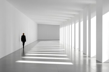 Obraz premium A woman walks along a long empty corridor a spacious room, white walls, a lone figure moving forward, light shadows create an atmosphere of tranquility. 