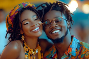 Fototapeta premium Joyful couple smiling together during a vibrant outdoor event in a tropical setting at sunset