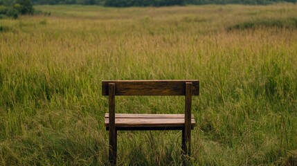 Fototapeta premium A rustic wooden bench is set against a backdrop of tall, lush grass, creating a serene and tranquil atmosphere, Ideal for articles about nature, relaxation, or peaceful retreats,
