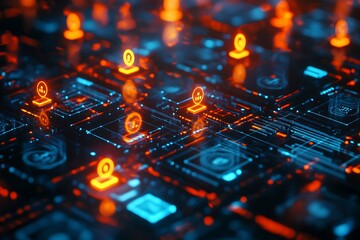 Fototapeta premium Futuristic digital network, user profiles grid, glowing blue and orange nodes, data visualization, interconnected system, cybersecurity concept, abstract technology background