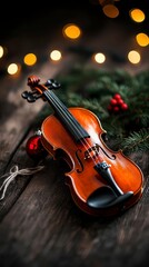 Fototapeta premium Festive Violin Still Life with Christmas Ornament Lights and Greens Wood Surface Holiday Joy