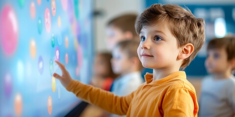 Children use an interactive whiteboard for learning a group of children sits in a classroom, they interact with a large touch board, which shows educational games or tasks, interest and engagement.