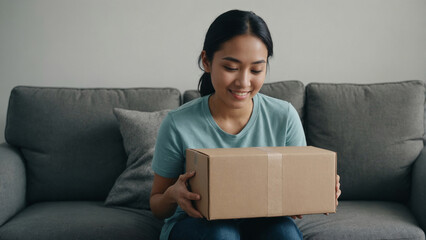 Malaysian non-binary person unboxing an online delivery package in a cozy living room