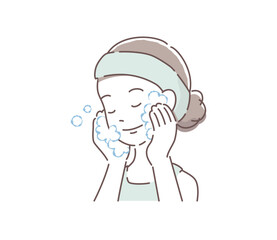 泡で洗顔をする女性のイラスト　ベクター
