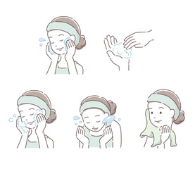 洗顔する女性のイラストセット　ベクター
